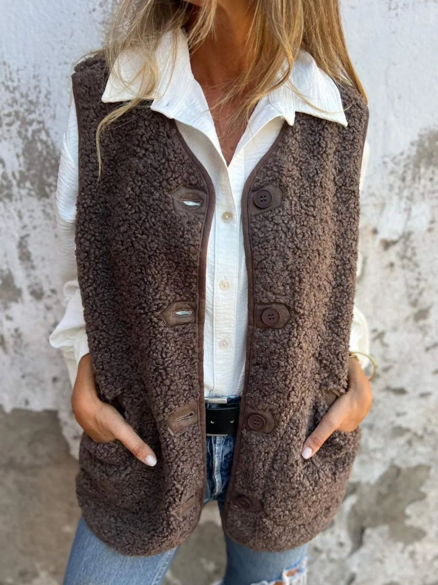 Full Size Pocketed Button Up V - Neck Sherpa Vest - CELIVINE