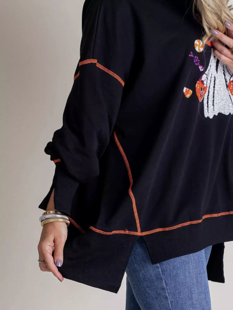 Halloween Ghost Sequin Exposed Seam Sweatshirt - CELIVINE