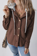 Drawstring Button Up Long Sleeve Hooded Jacket - CELIVINE
