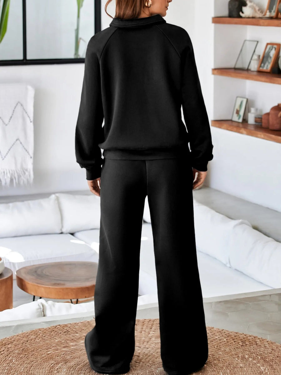 Collared Sweatshirt and High Waist Pants Active Set - CELIVINE