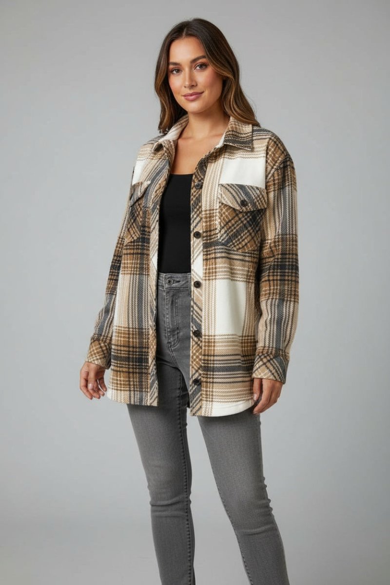 Plaid Button Up Long Sleeve Shacket - CELIVINE