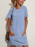 Pocketed Striped Round Neck Short Sleeve Dress - CELIVINE
