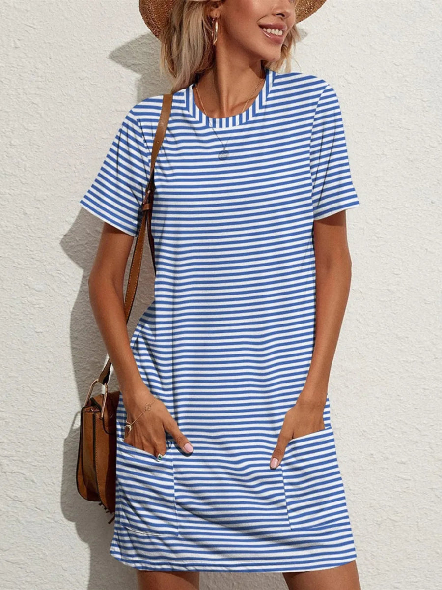 Pocketed Striped Round Neck Short Sleeve Dress - CELIVINE
