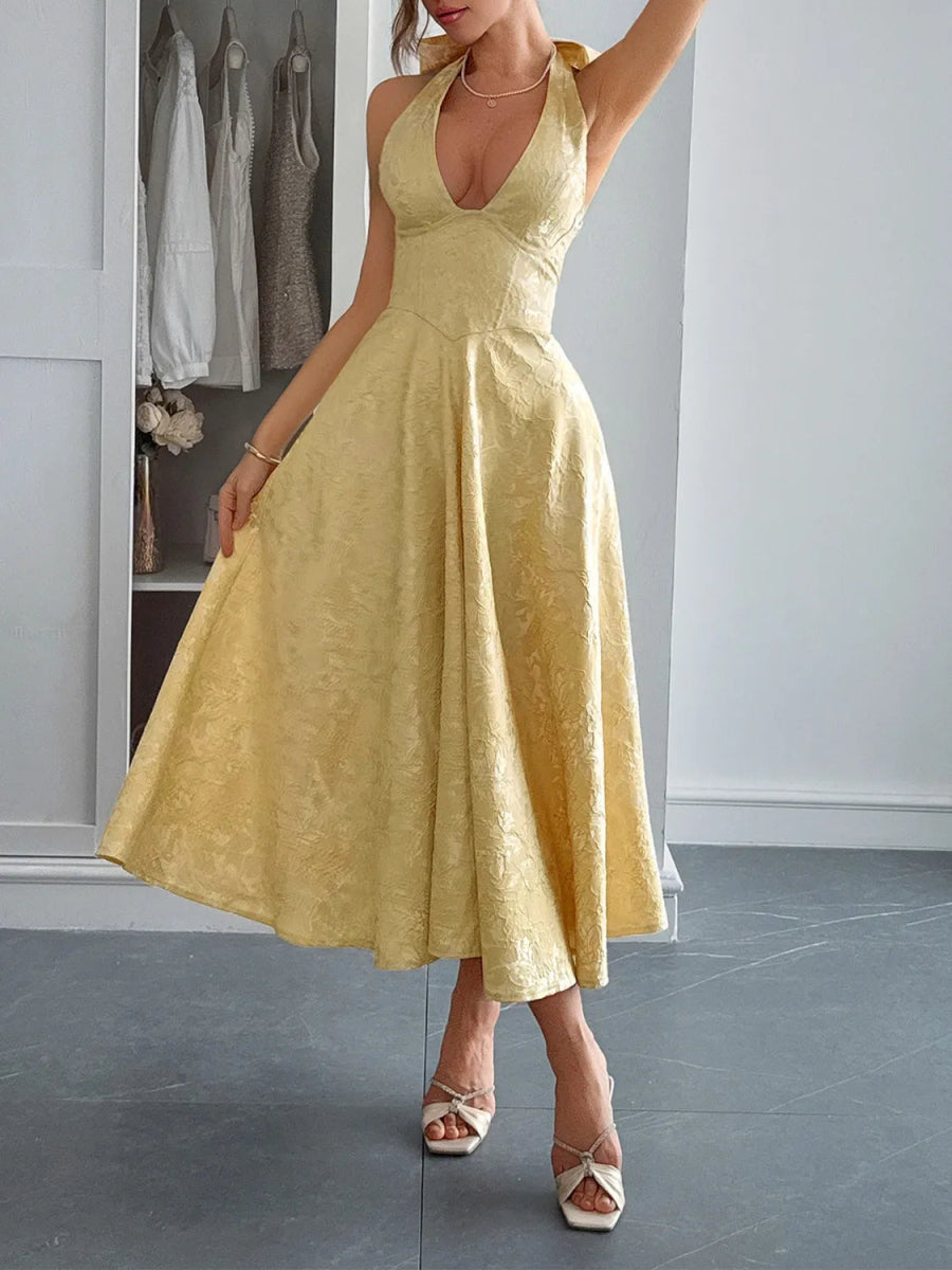 Halter Neck Midi Dress with Pockets - CELIVINE