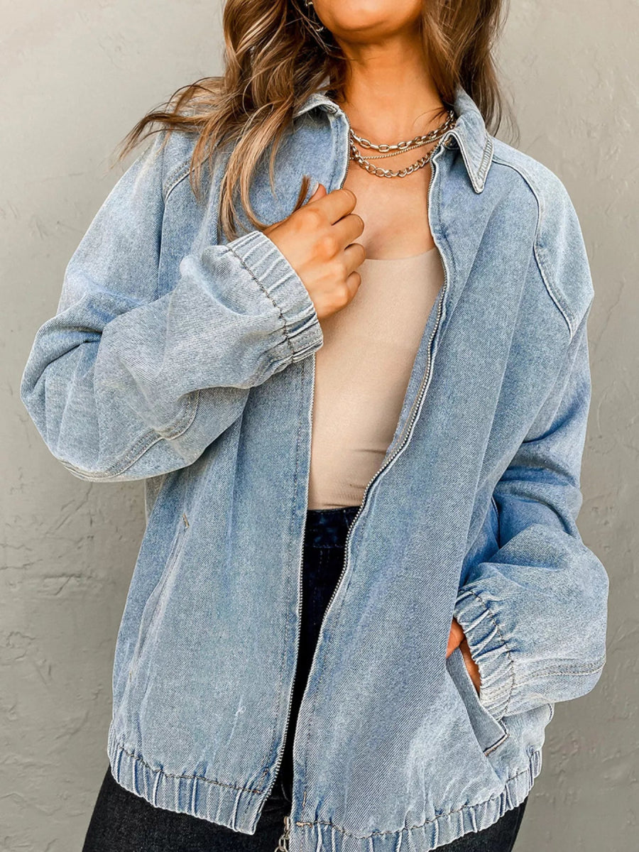 Elastic Edge Collared Zip Up Denim Jacket With Pocket - CELIVINE