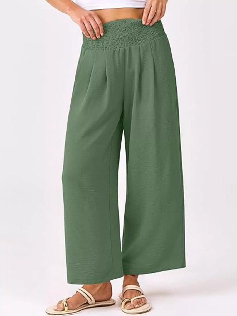Wide Leg Smocked High Waist Pants - CELIVINE