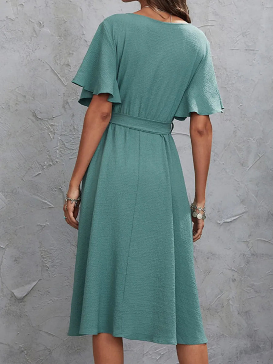 Surplice Flutter Sleeve Midi Dress - CELIVINE