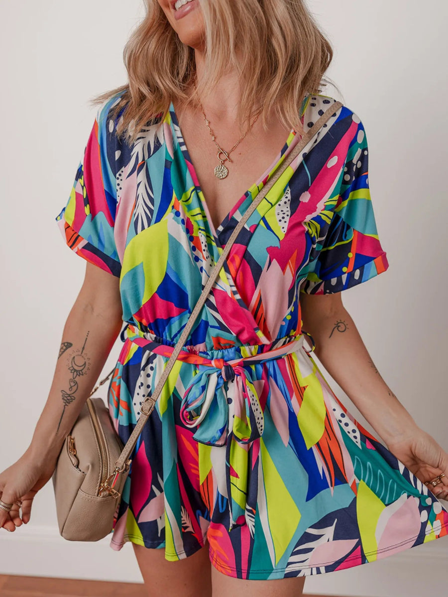 Multicolour Tropical Printed Surplice Neck Tie Waist Romper - CELIVINE