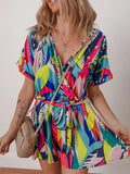 Multicolour Tropical Printed Surplice Neck Tie Waist Romper - CELIVINE