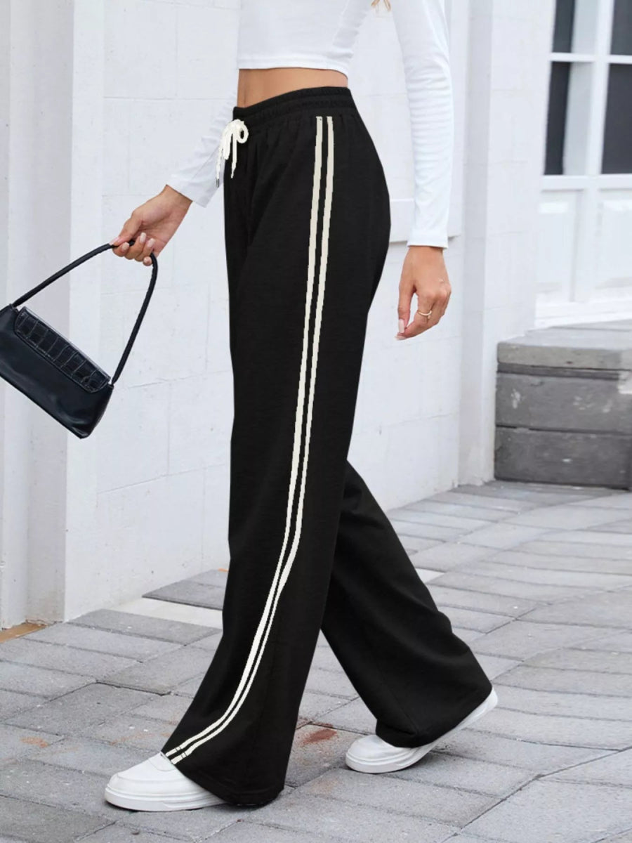 Side Striped Wide Leg Pants - CELIVINE