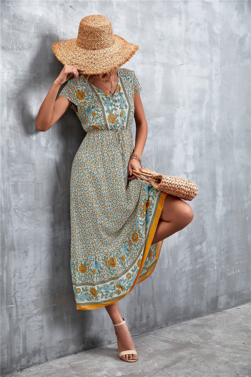 V - Neck Short Sleeve Printed Maxi Dress - CELIVINE