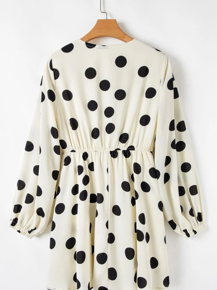 Polka Dot Surplice Puff Sleeve Mini Dress - CELIVINE
