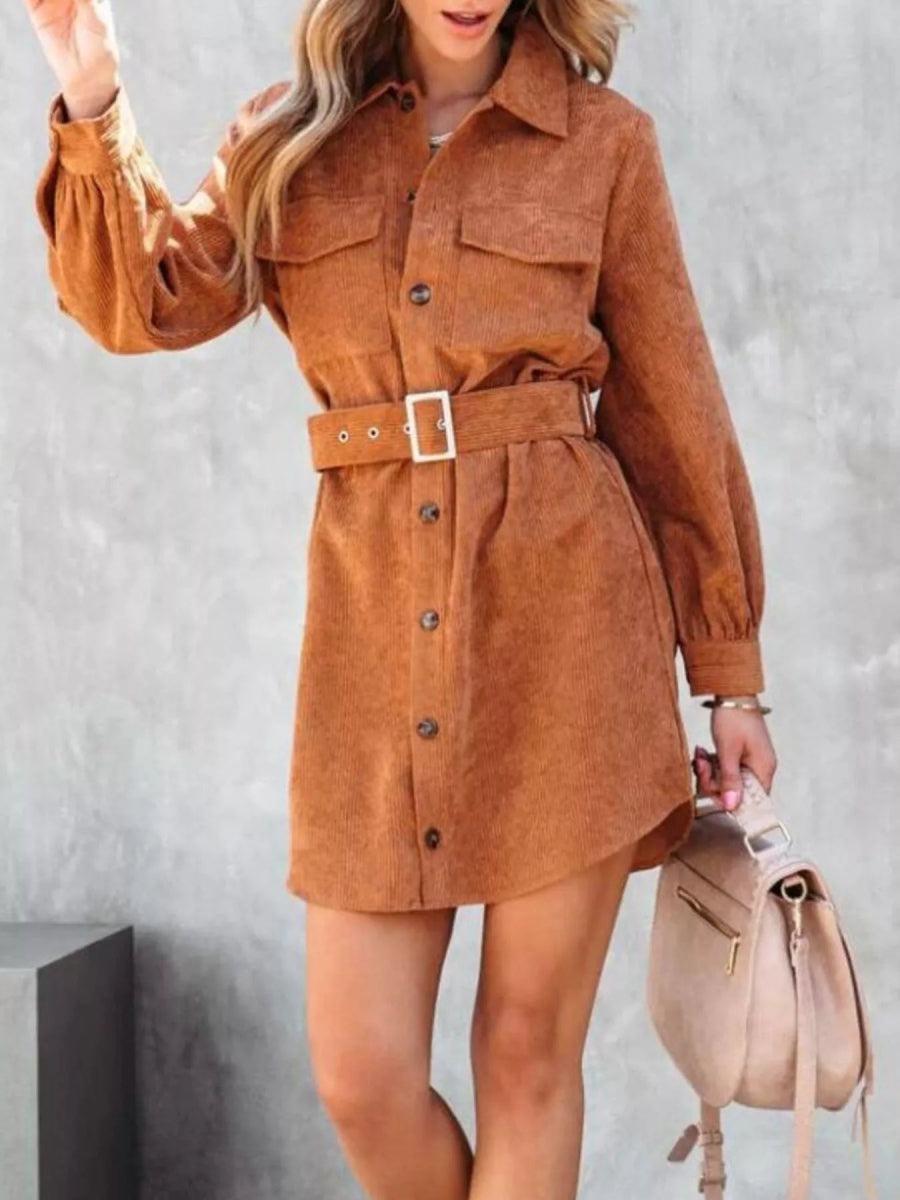 Button Front Belt Long Sleeve Corduroy Dress - CELIVINE