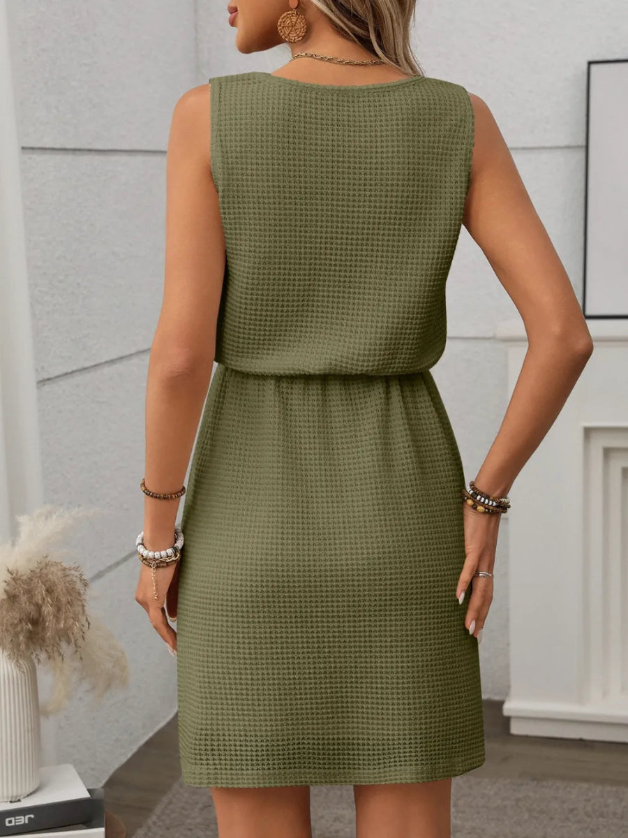 Waffle - Knit Drawstring Mini Tank Dress - CELIVINE