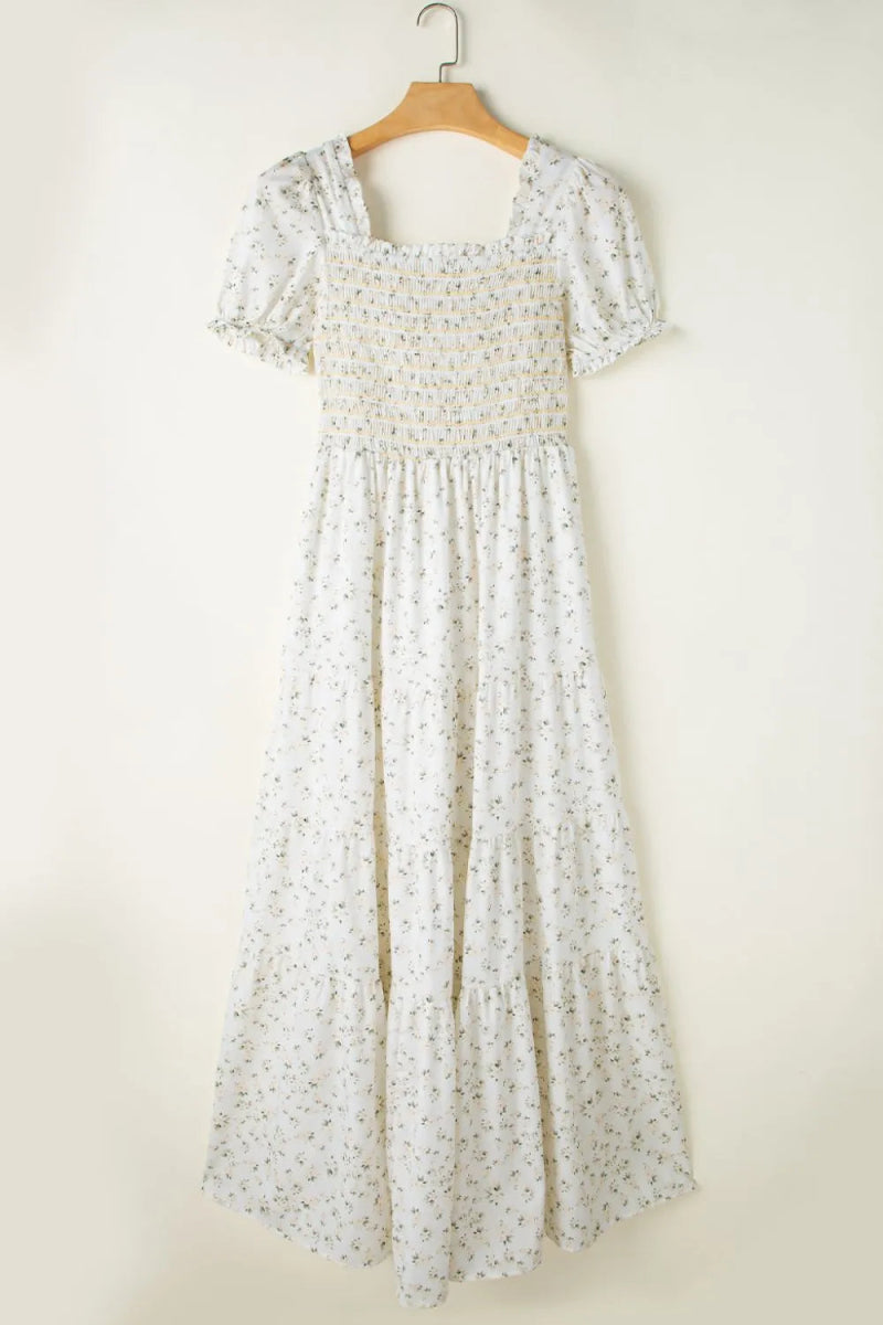 Floral Smocked Short Puff Sleeve Maxi Dress - CELIVINE