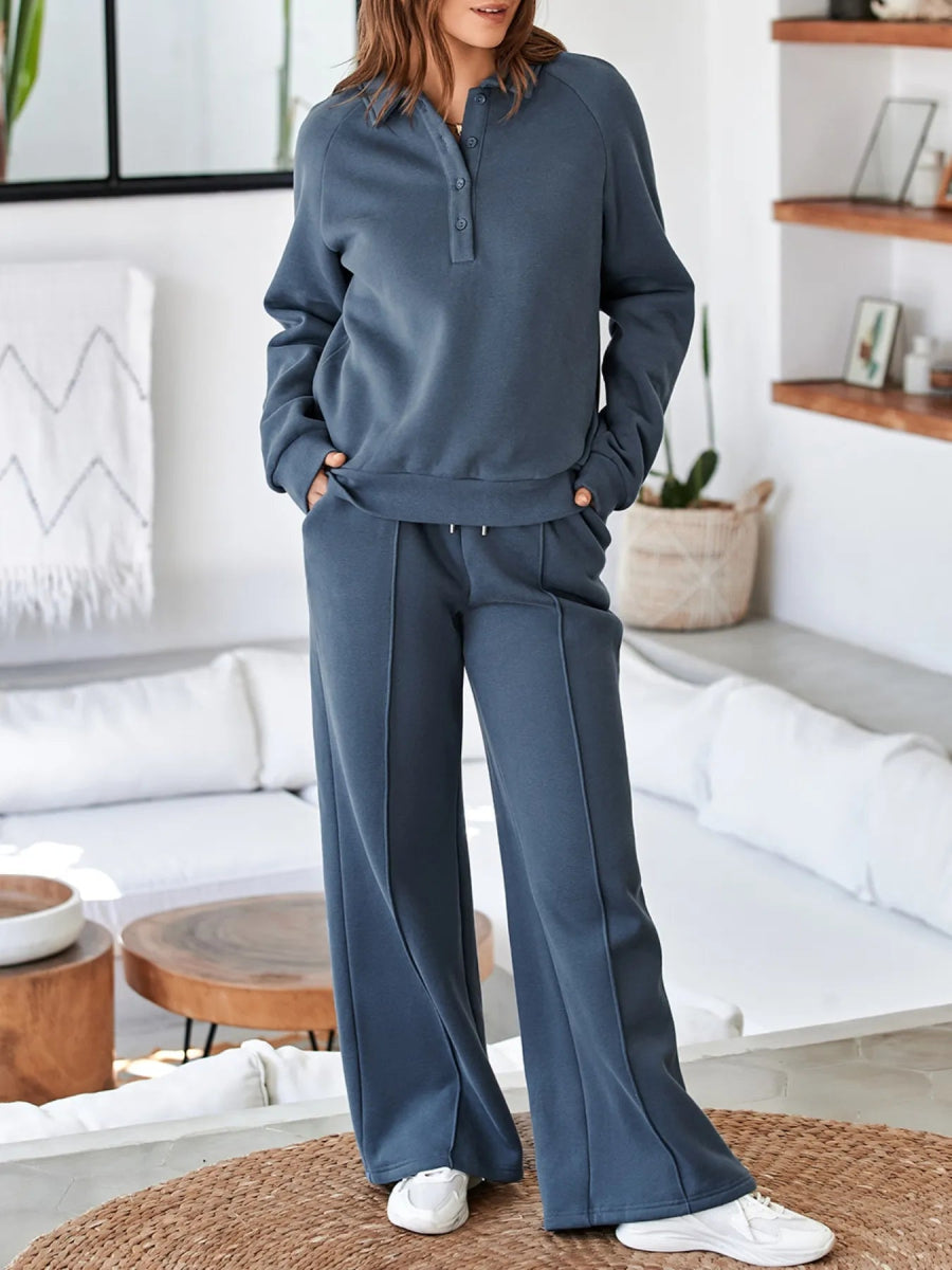 Collared Sweatshirt and High Waist Pants Active Set - CELIVINE