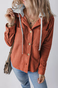 Drawstring Button Up Long Sleeve Hooded Jacket - CELIVINE