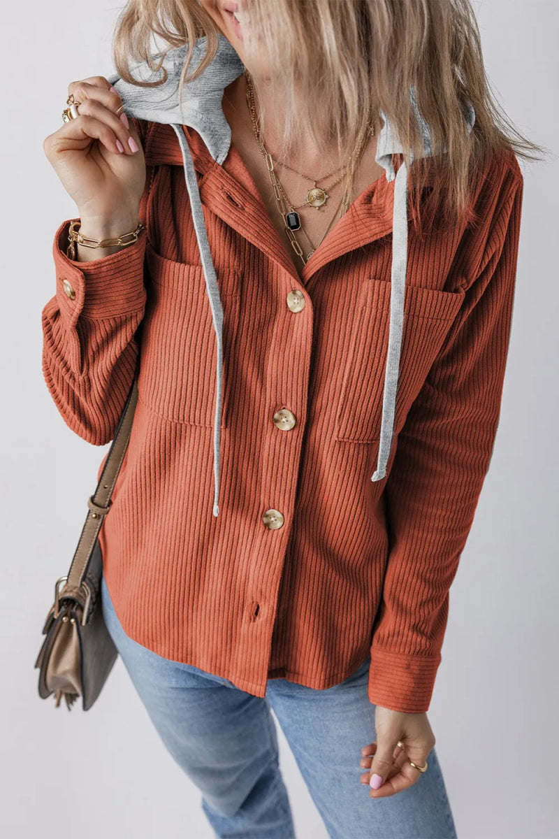 Drawstring Button Up Long Sleeve Hooded Jacket - CELIVINE