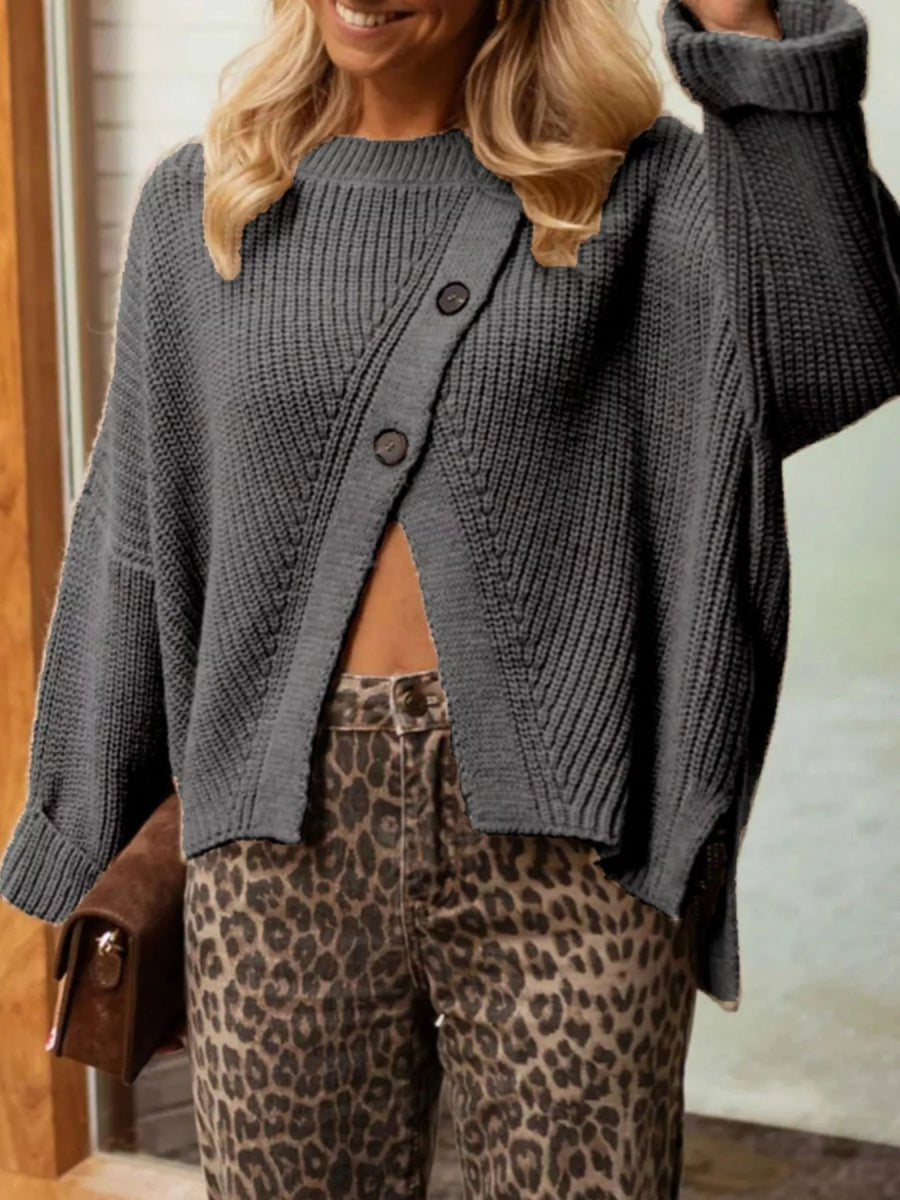 Asymmetrical Button Detail Sweater - CELIVINE