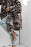 Houndstooth Collared Neck Long Sleeve Coat with Pockets - CELIVINE