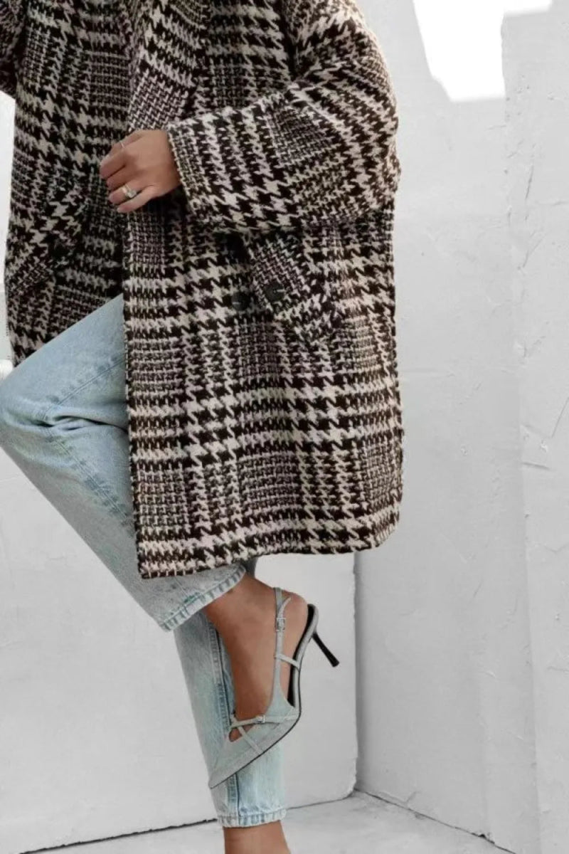 Houndstooth Collared Neck Long Sleeve Coat with Pockets - CELIVINE
