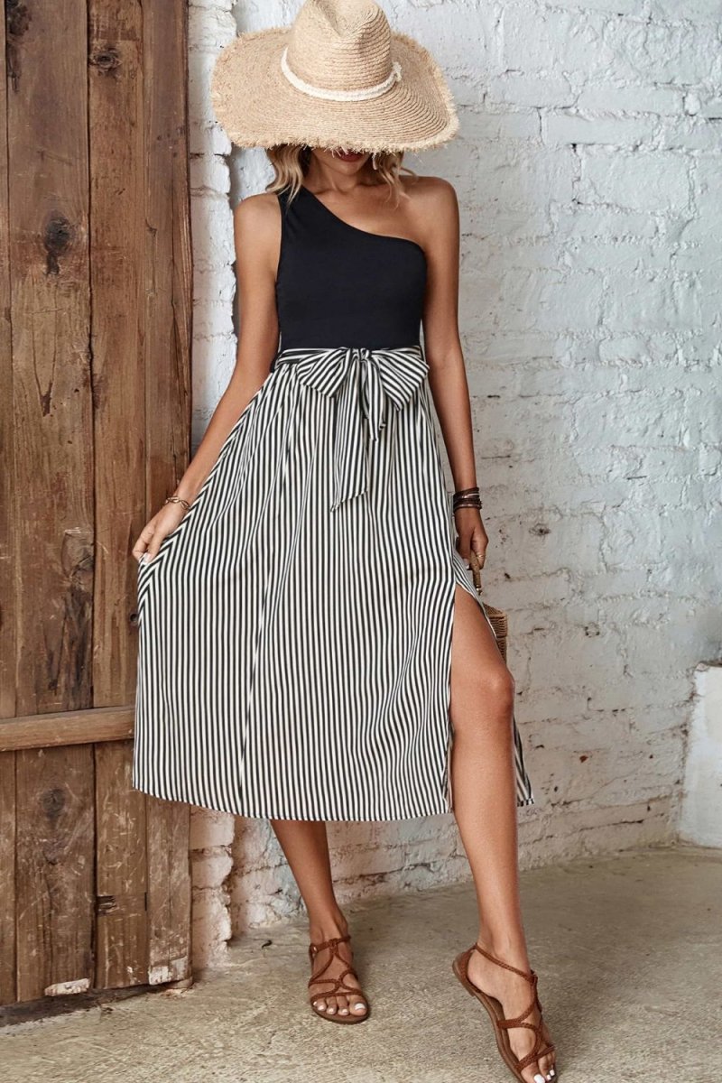 Striped One - Shoulder Slit Dress - CELIVINE