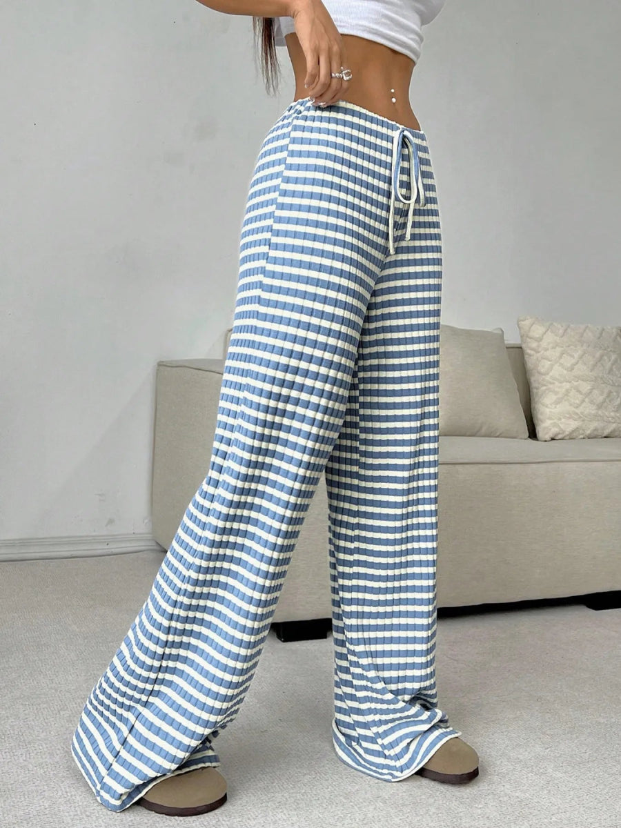 Striped Wide Leg Drawstring Pants - CELIVINE