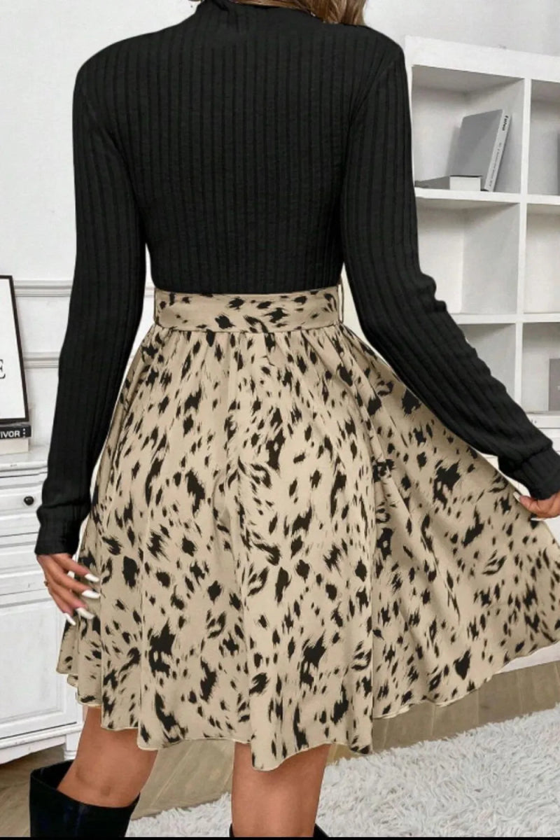 Printed Tie Waist Mock Neck Long Sleeve Dress - CELIVINE