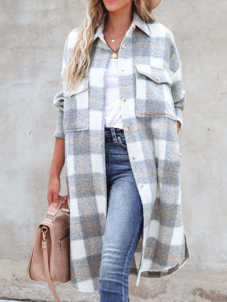 Oversized Plaid Button Up Longline Jacket - CELIVINE
