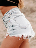 Distressed Washed Denim Shorts with Frayed Hem - CELIVINE