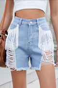 Distressed Fringe Denim Shorts - CELIVINE