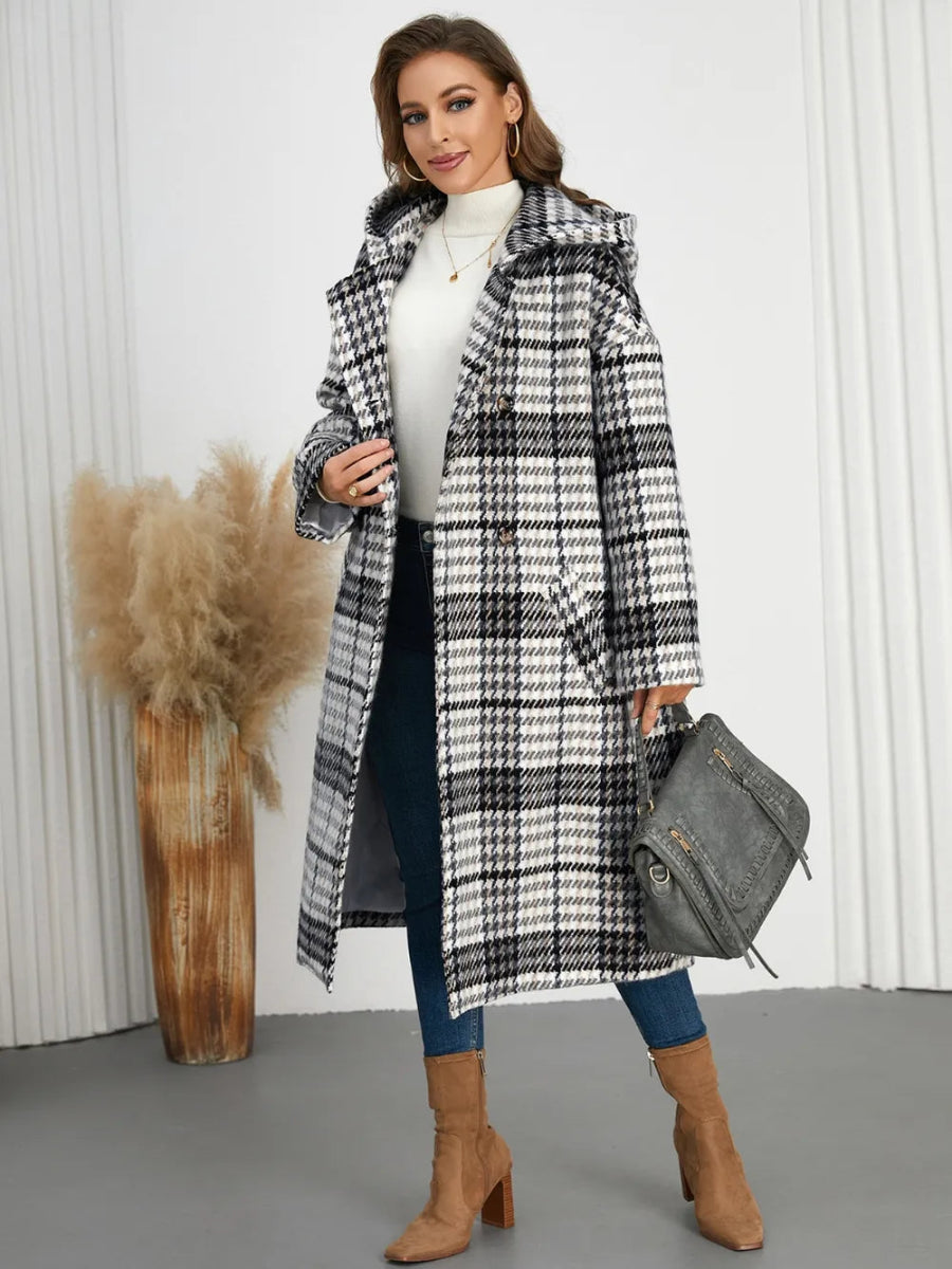 Plaid Double - Breasted Long Sleeve Longline Coat - CELIVINE