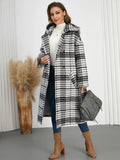 Plaid Double - Breasted Long Sleeve Longline Coat - CELIVINE