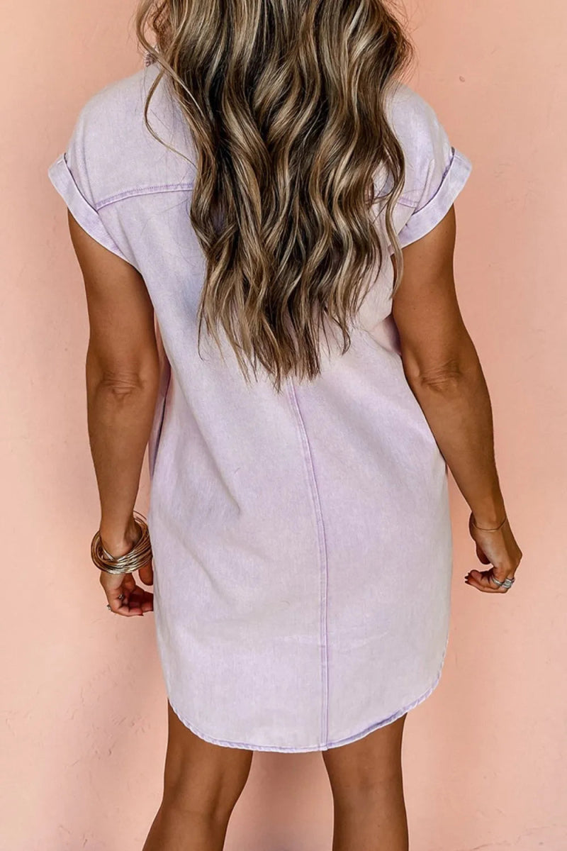 Button Down Short Sleeve Denim Dress - CELIVINE