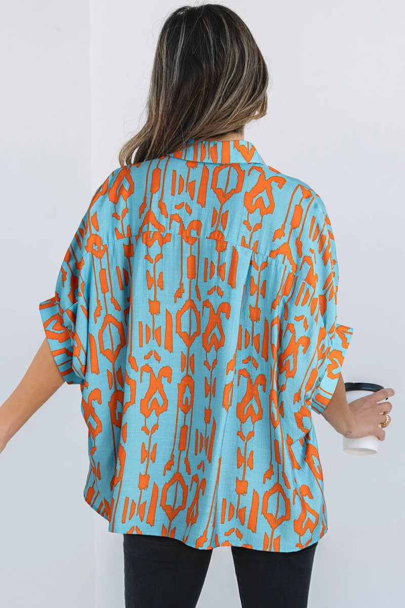 Abstract Print Dolman Short Sleeve Western Loose Shirt - CELIVINE