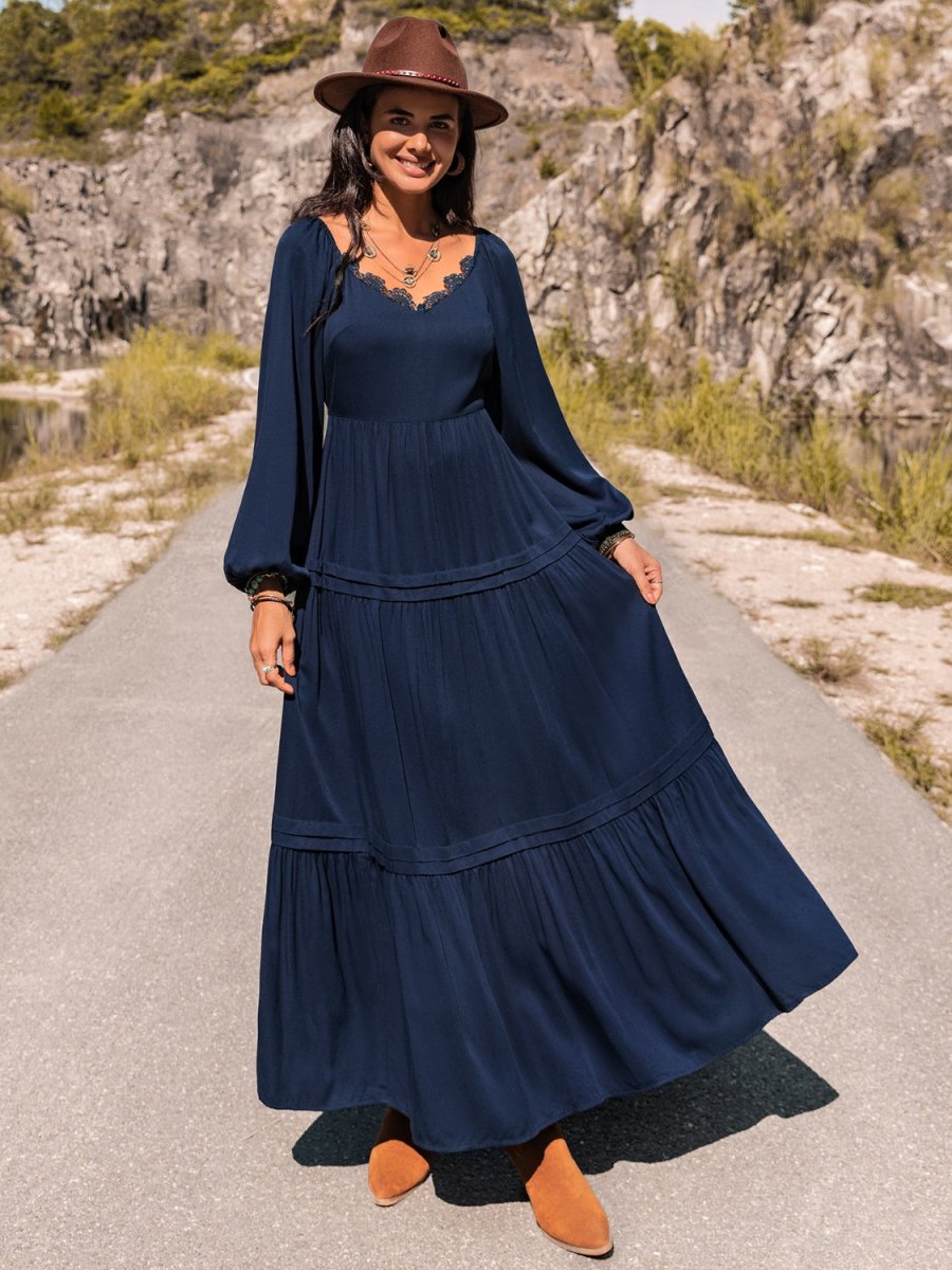Long Sleeve Lace Trim Maxi Dress - CELIVINE
