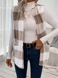 Plaid Sherpa Vest Coat with Pockets - CELIVINE