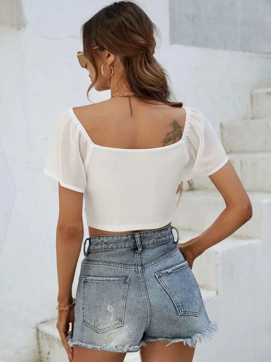 Drawstring Short Sleeve Crop Top - CELIVINE