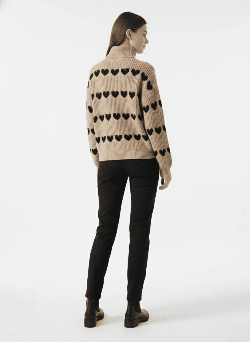Heart Turtleneck Dropped Shoulder Sweater - CELIVINE