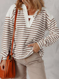 Striped V - Neck Long Sleeve Knit Hoodie - CELIVINE
