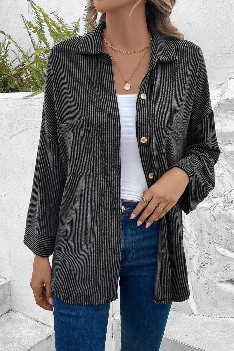 Dropped Shoulder Long Sleeve Shirts with Pocket - CELIVINE