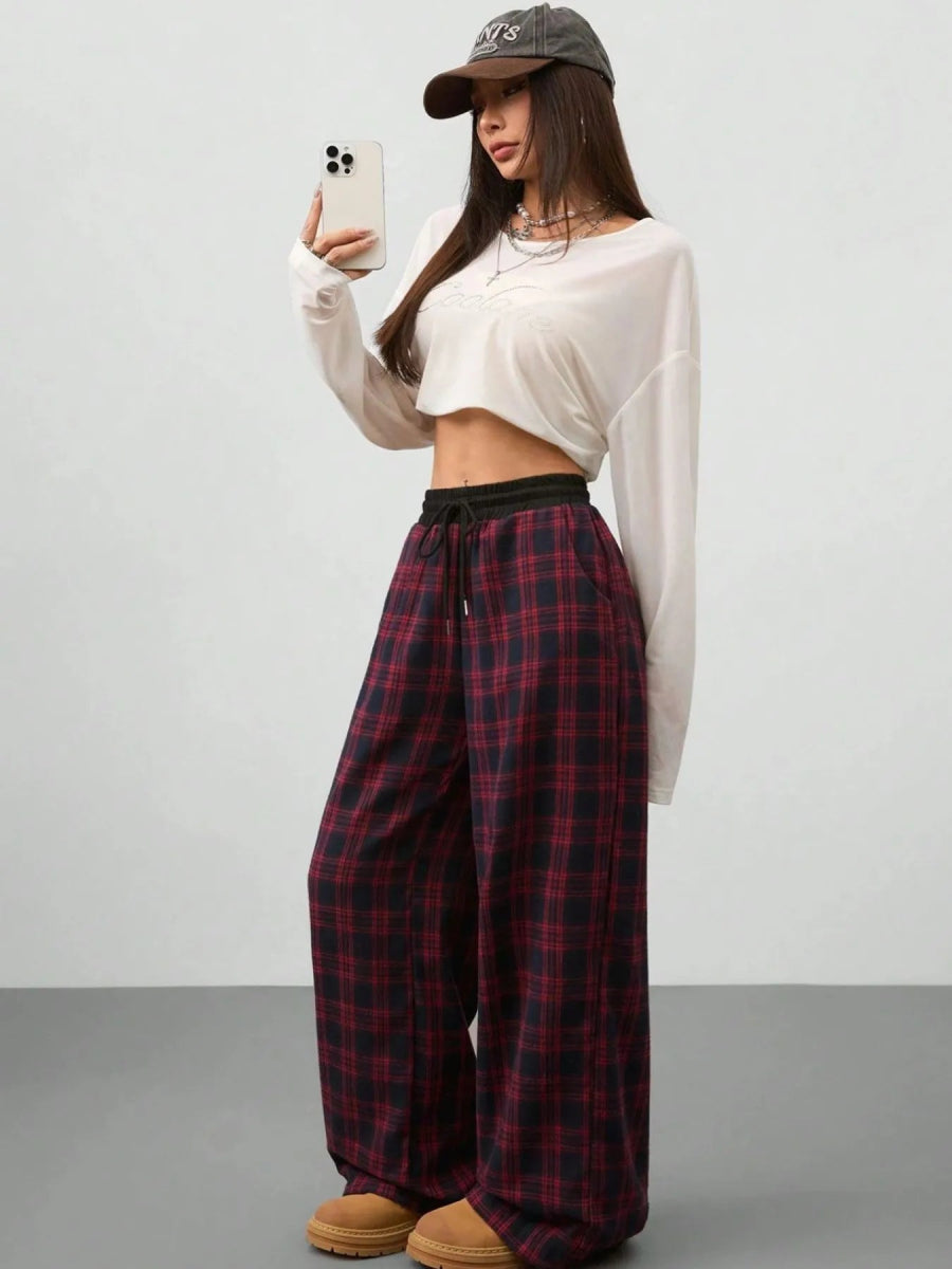 Plaid Wide Leg Pants with Drawstring Waist - CELIVINE