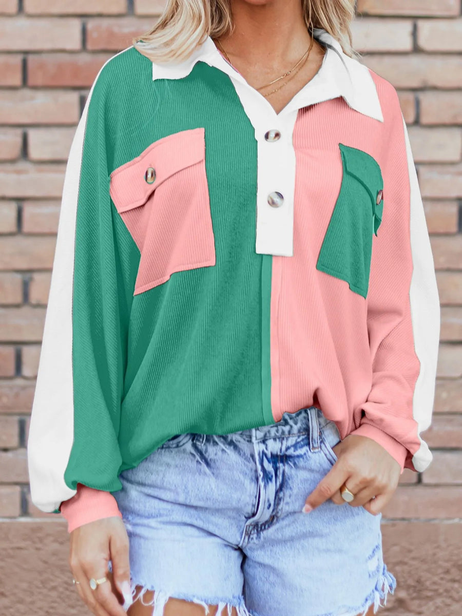 Color Block Button Front Collared Neck Sweatshirt - CELIVINE