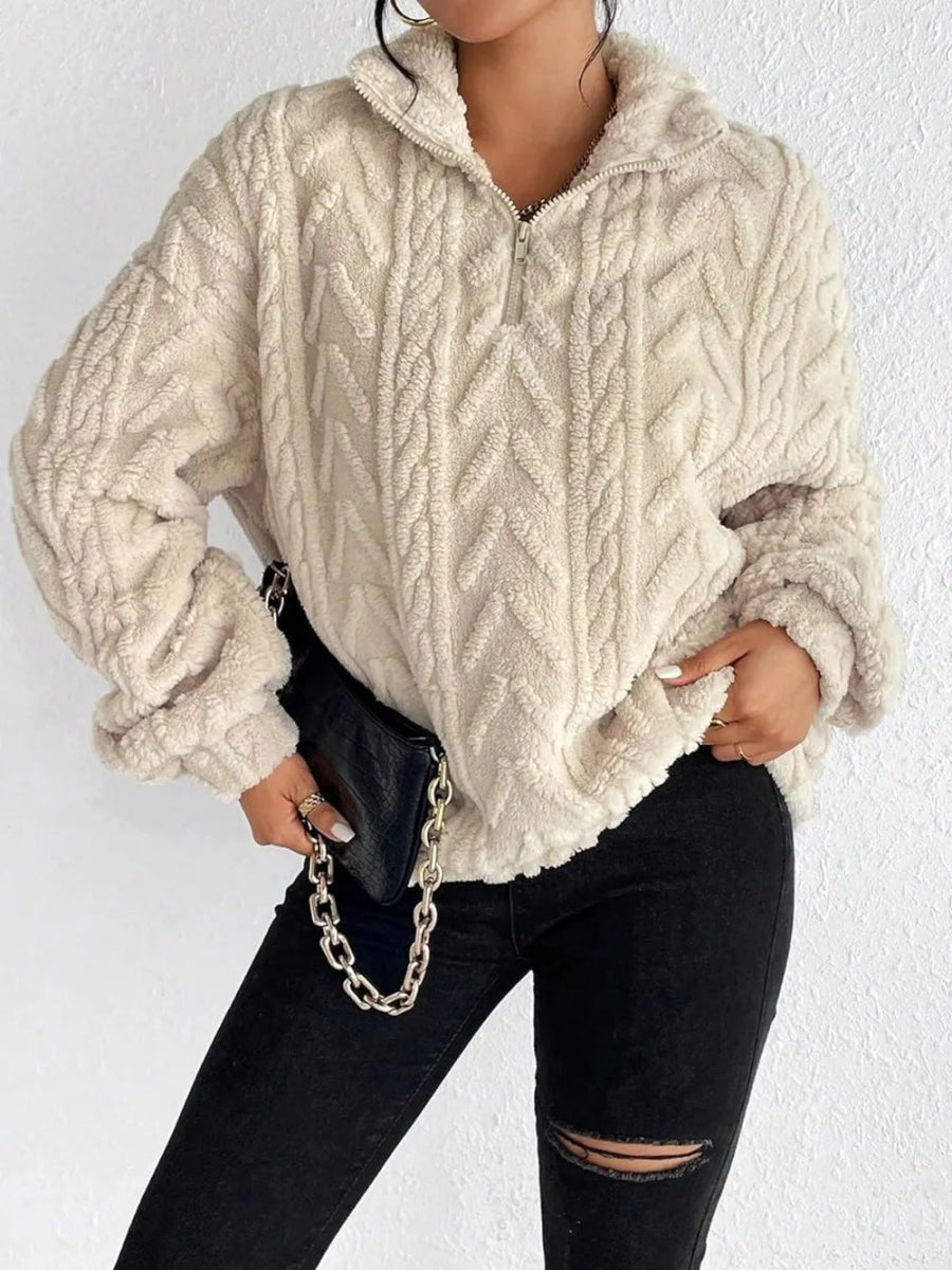 Fuzzy Quarter Zip Long Sleeve Sweatshirt - CELIVINE