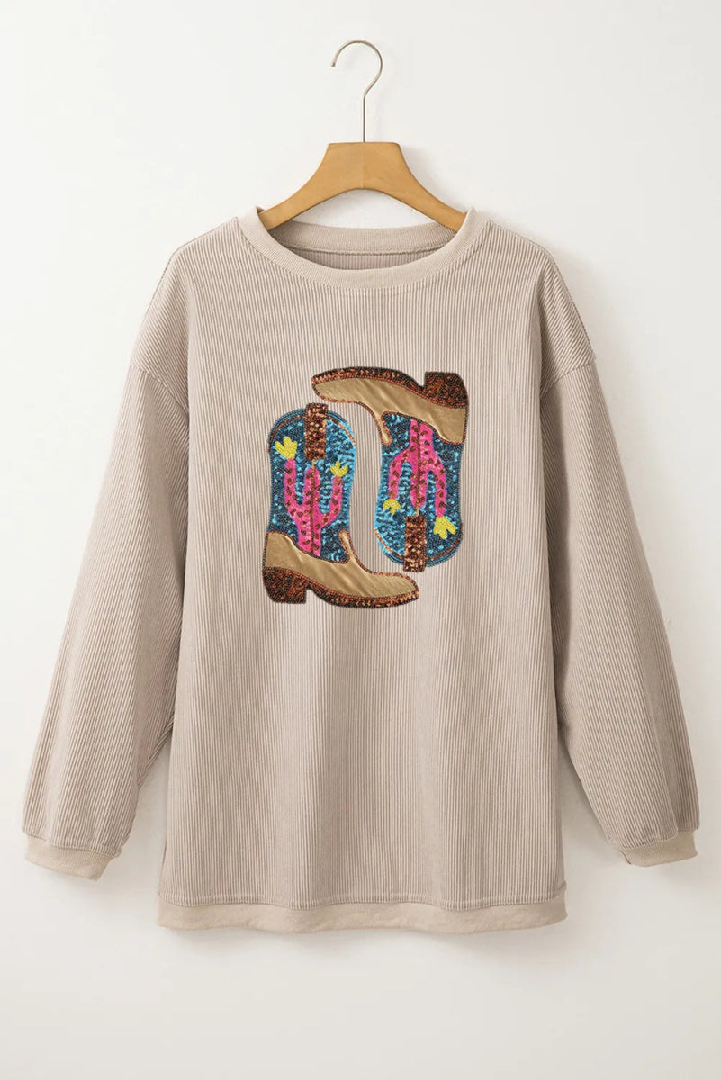 Full Size Sequin Boots Round Neck Long Sleeve Sweatshirt - CELIVINE