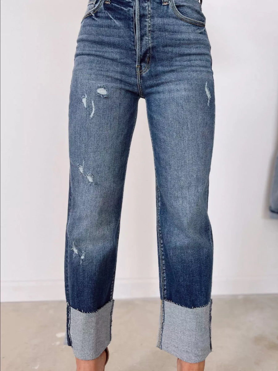 High Waist Distressed Straight Leg Jeans - CELIVINE