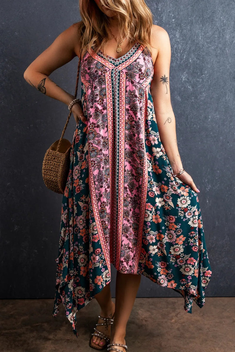 Printed V - Neck Midi Cami Dress - CELIVINE