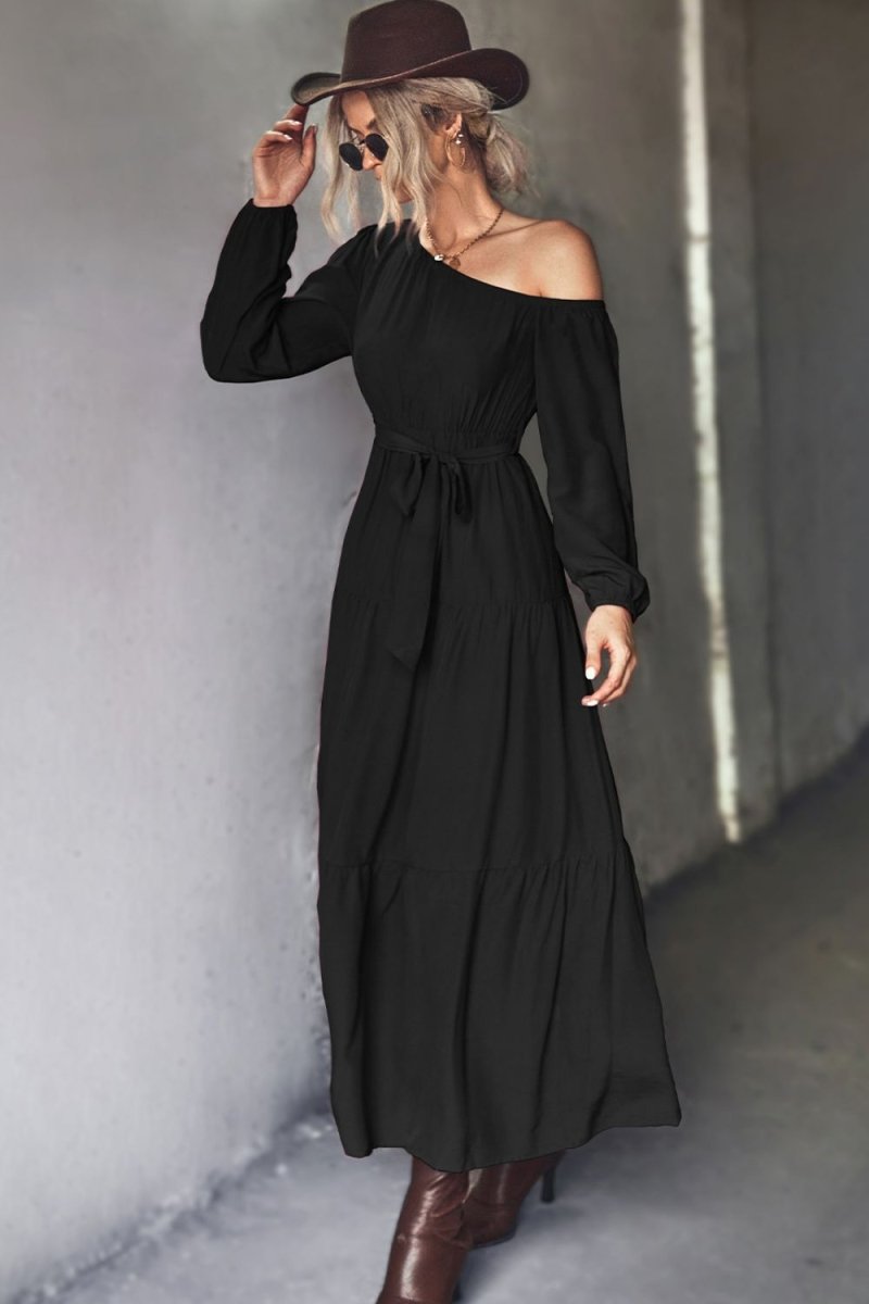 Belted One - Shoulder Tiered Maxi Dress - CELIVINE