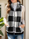 Pocketed Plaid Zip Up Vest Coat - CELIVINE