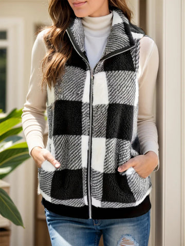 Pocketed Plaid Zip Up Vest Coat - CELIVINE